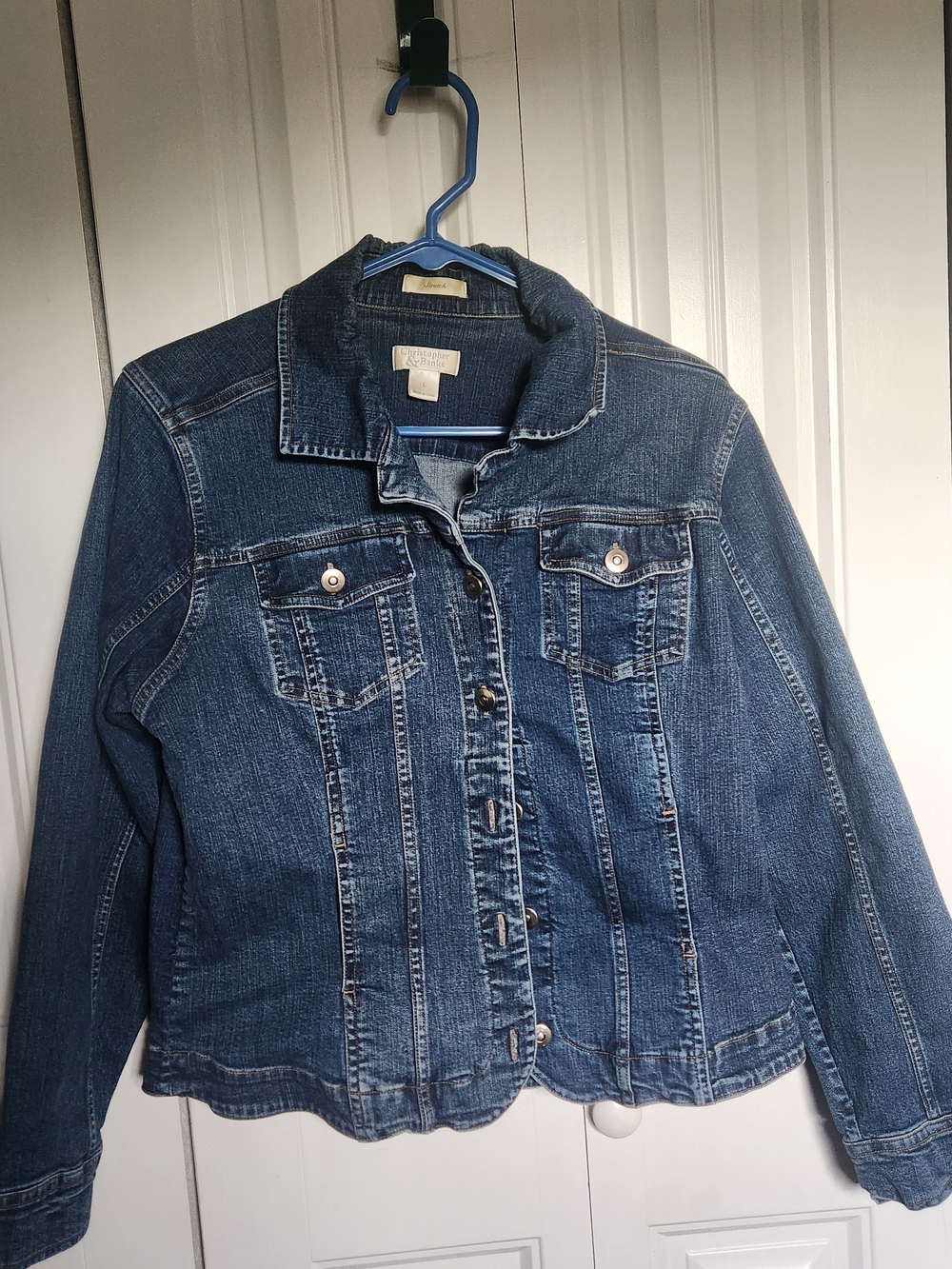 Christopher & Banks Classic Blue Denim Jacket Size Large Boho Stretch Grunge